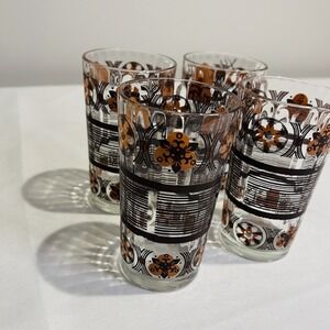Vintage Retro MCM 70s Set Of 4 Striped Brown 5" Tall Glasses